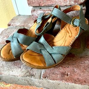 Blue leather Born wedge sandals.